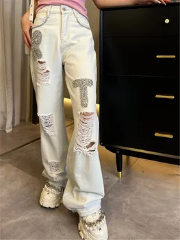 Рваные джинсы с ромбовидными буквами в стиле тяжелой промышленности, летние женские Новые Свободные прямые брюки с высокой талией и широкими штанинами Изображение 2