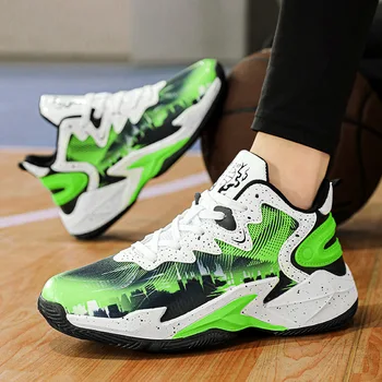 Модная детская баскетбольная обувь зеленого цвета на платформе, нескользящая подушка, пара спортивной обуви для баскетбола, кроссовки для спортзала, мужские кроссовки Изображение 2